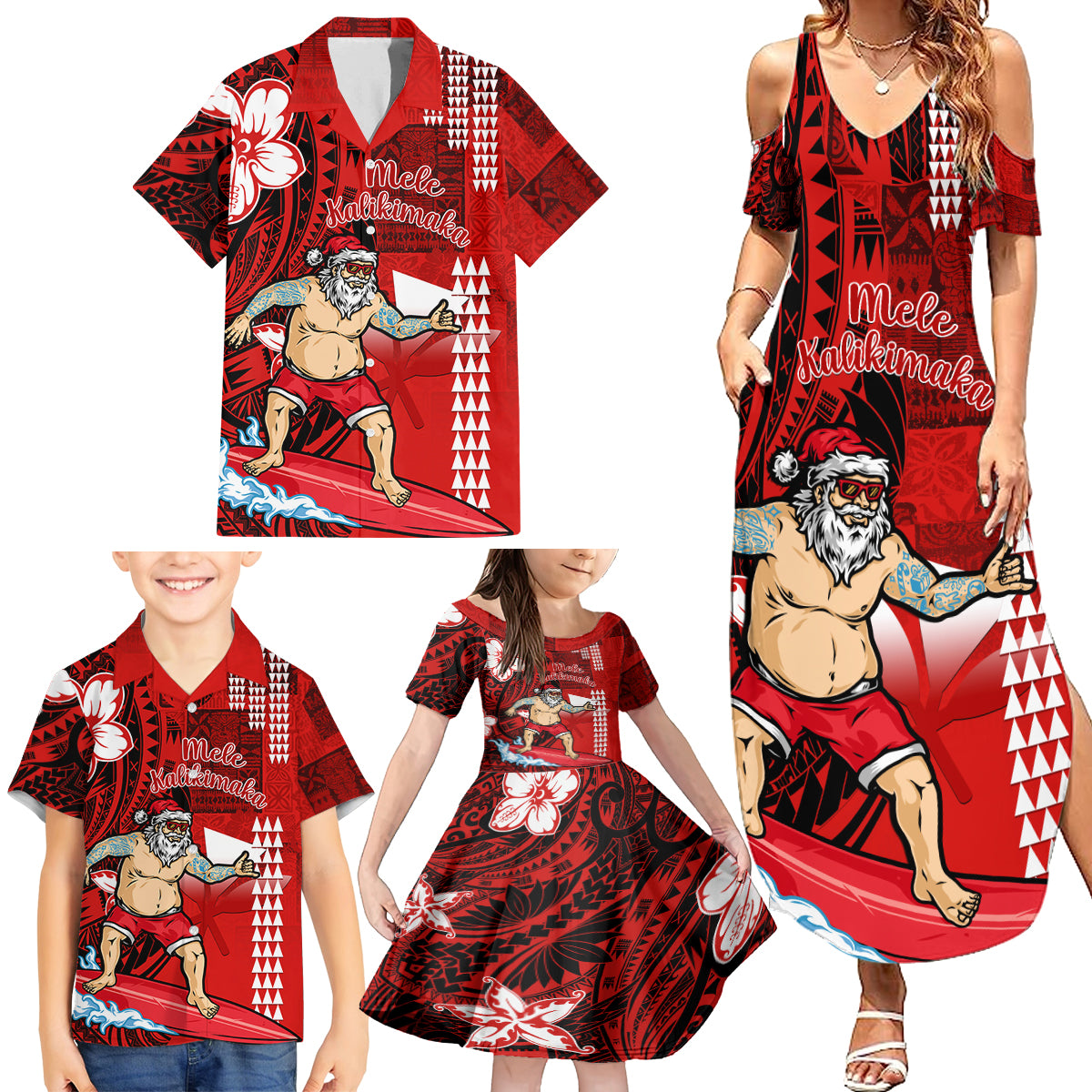 Personalised Hawaii Christmas Family Matching Summer Maxi Dress and Hawaiian Shirt Mele Kalikimaka Surfing Santa Claus LT14 - Polynesian Pride