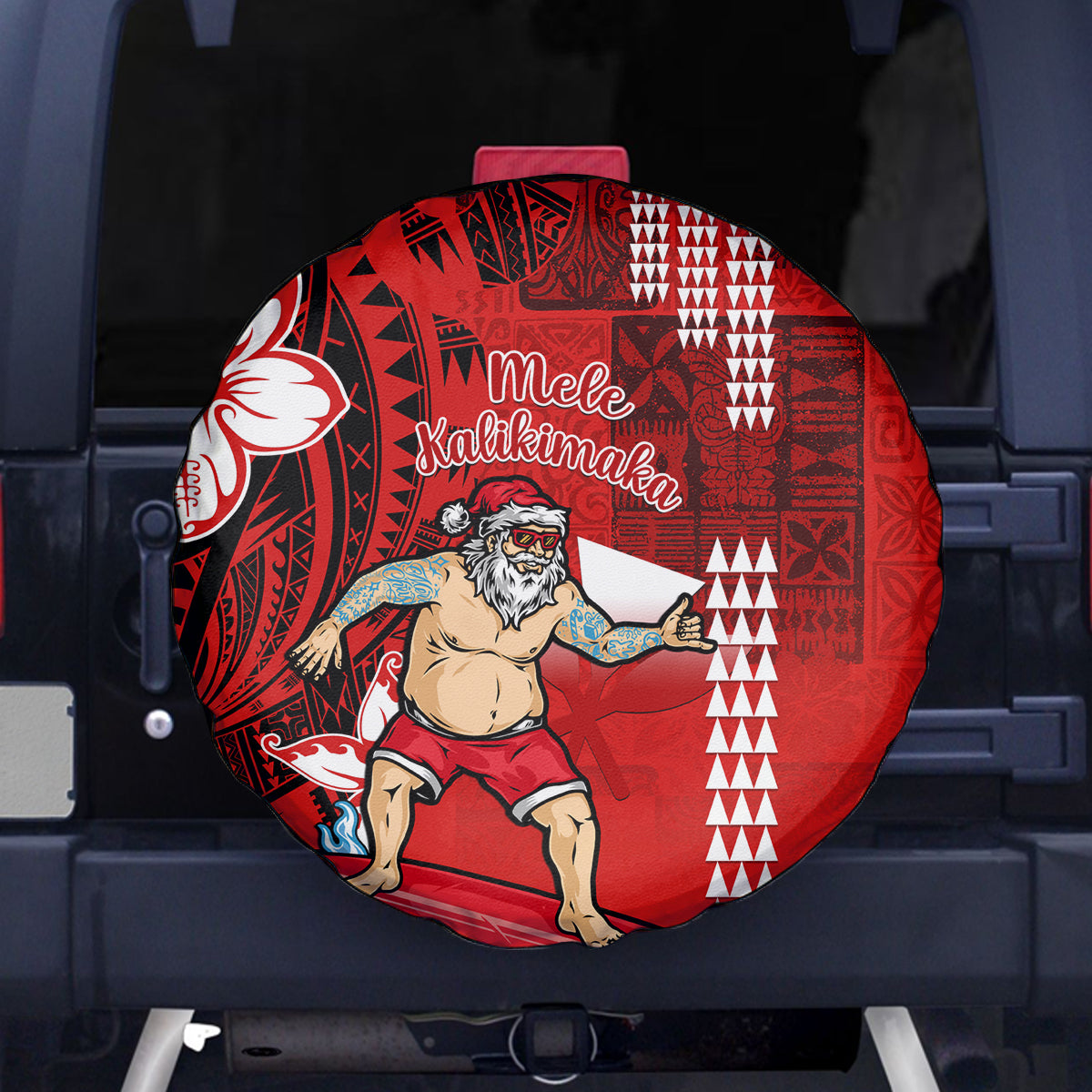 Personalised Hawaii Christmas Spare Tire Cover Mele Kalikimaka Surfing Santa Claus LT14 Red - Polynesian Pride