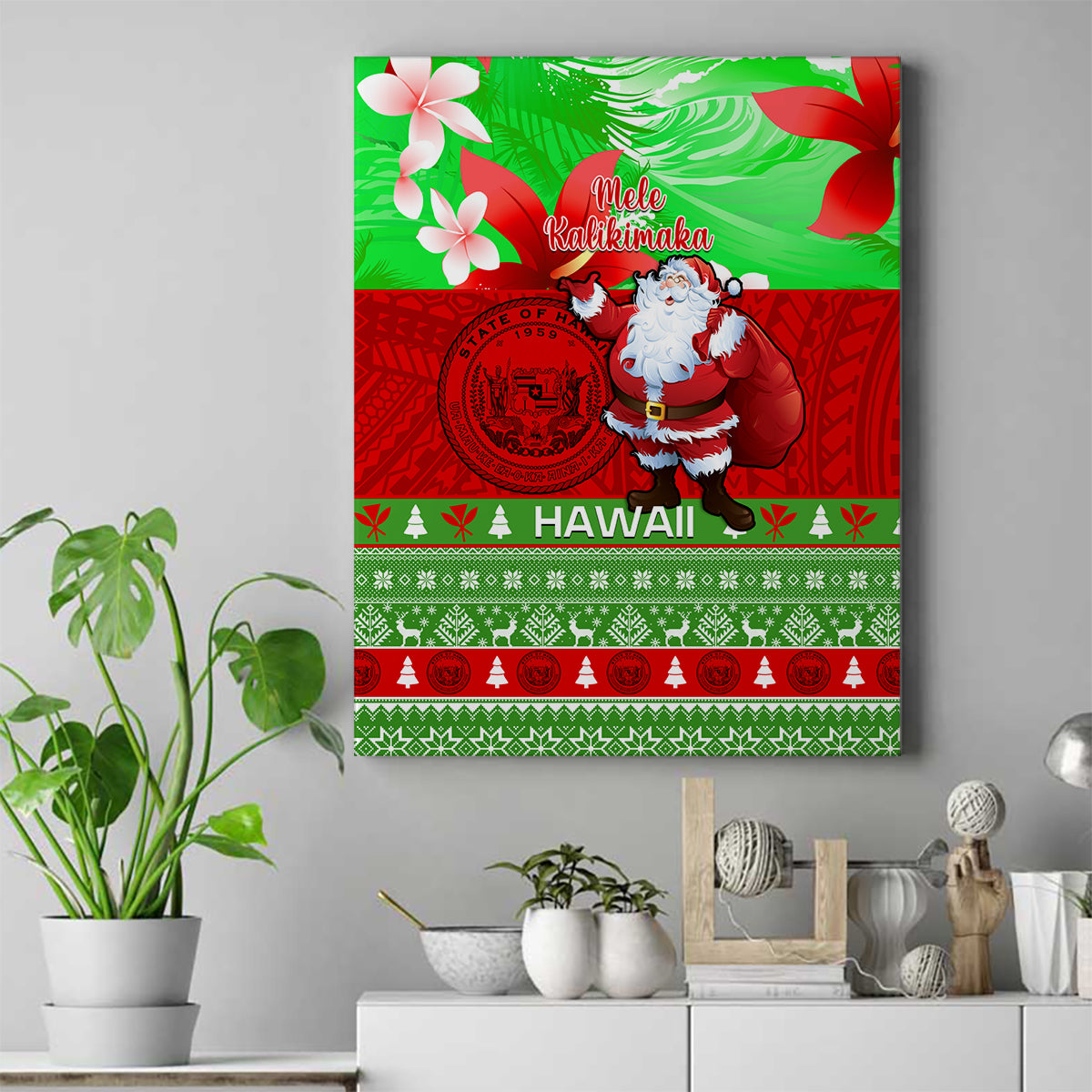 Personalised Hawaii Christmas Canvas Wall Art Mele Kalikimaka Hawaiian Santa Tropical Vibes LT14 Red - Polynesian Pride