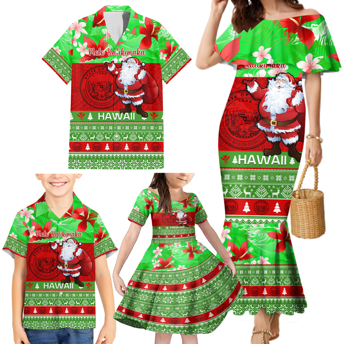 Personalised Hawaii Christmas Family Matching Mermaid Dress and Hawaiian Shirt Mele Kalikimaka Hawaiian Santa Tropical Vibes LT14 - Polynesian Pride