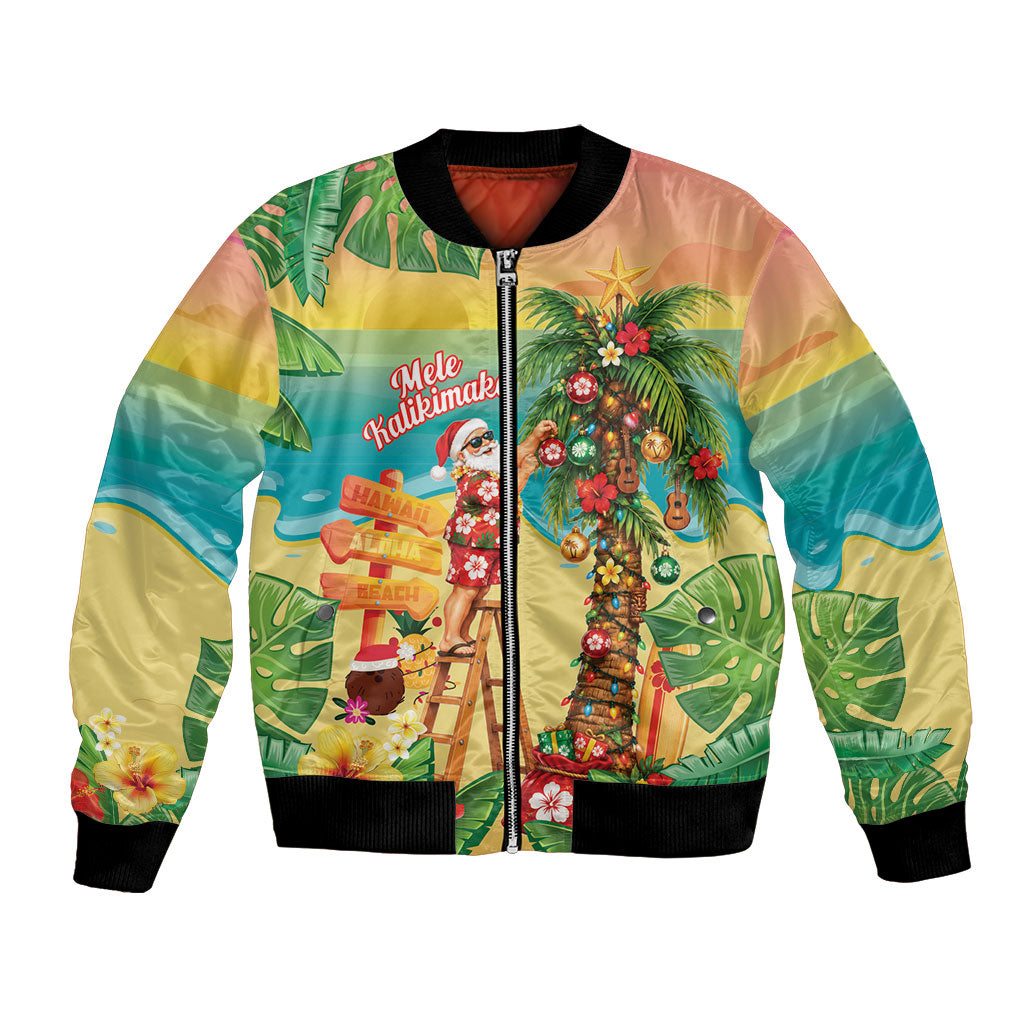 Hawaii Christmas Mele Kalikimaka Bomber Jacket Santa Decorating Xmas Palm Tree Tropical Vibes LT14 Unisex Multicolor - Polynesian Pride