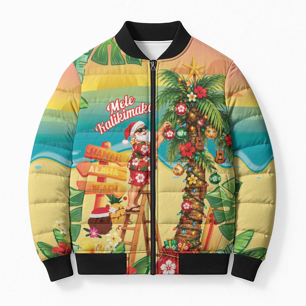 Hawaii Christmas Mele Kalikimaka Bomber Puffer Jacket Santa Decorating Xmas Palm Tree Tropical Vibes LT14 Unisex Multicolor - Polynesian Pride
