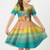 Hawaii Christmas Mele Kalikimaka Kid Short Sleeve Dress Santa Decorating Xmas Palm Tree Tropical Vibes LT14 KID Multicolor - Polynesian Pride