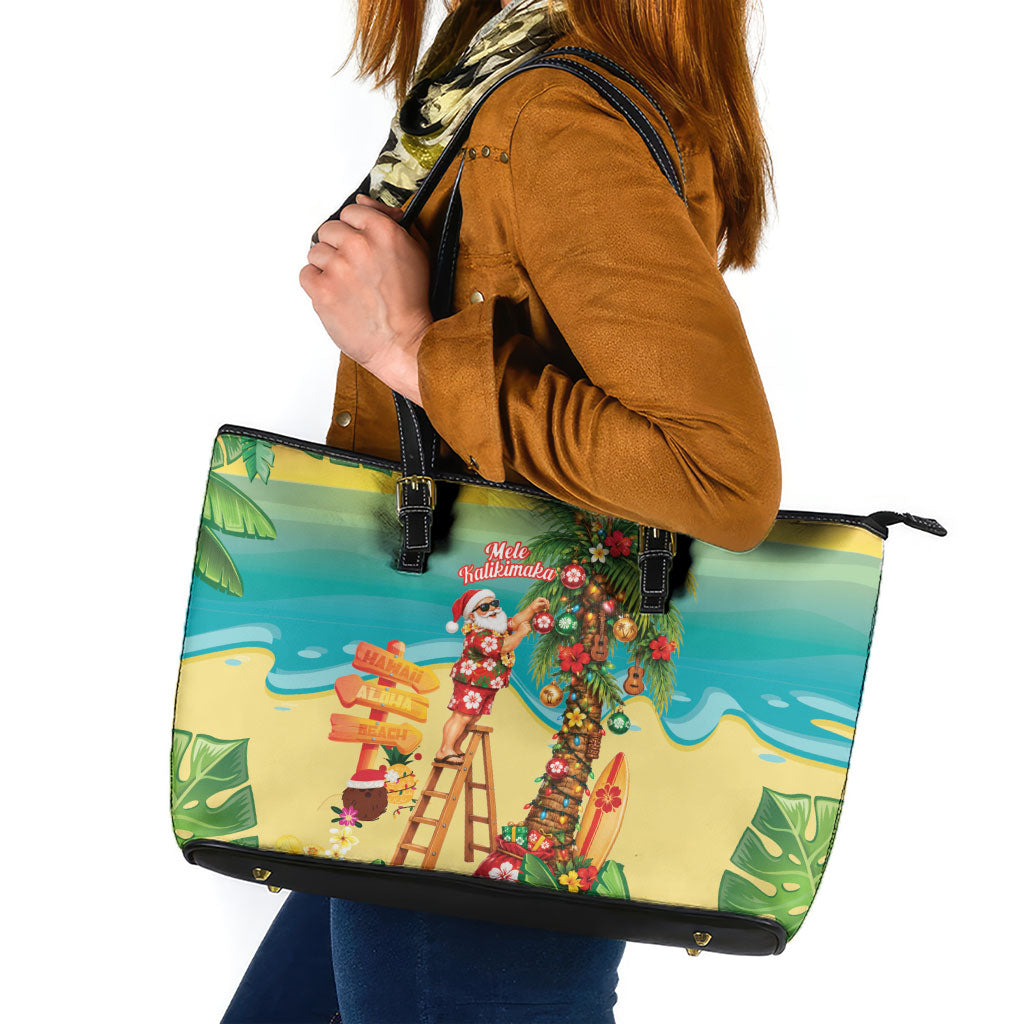 Hawaii Christmas Mele Kalikimaka Leather Tote Bag Santa Decorating Xmas Palm Tree Tropical Vibes LT14 Multicolor - Polynesian Pride