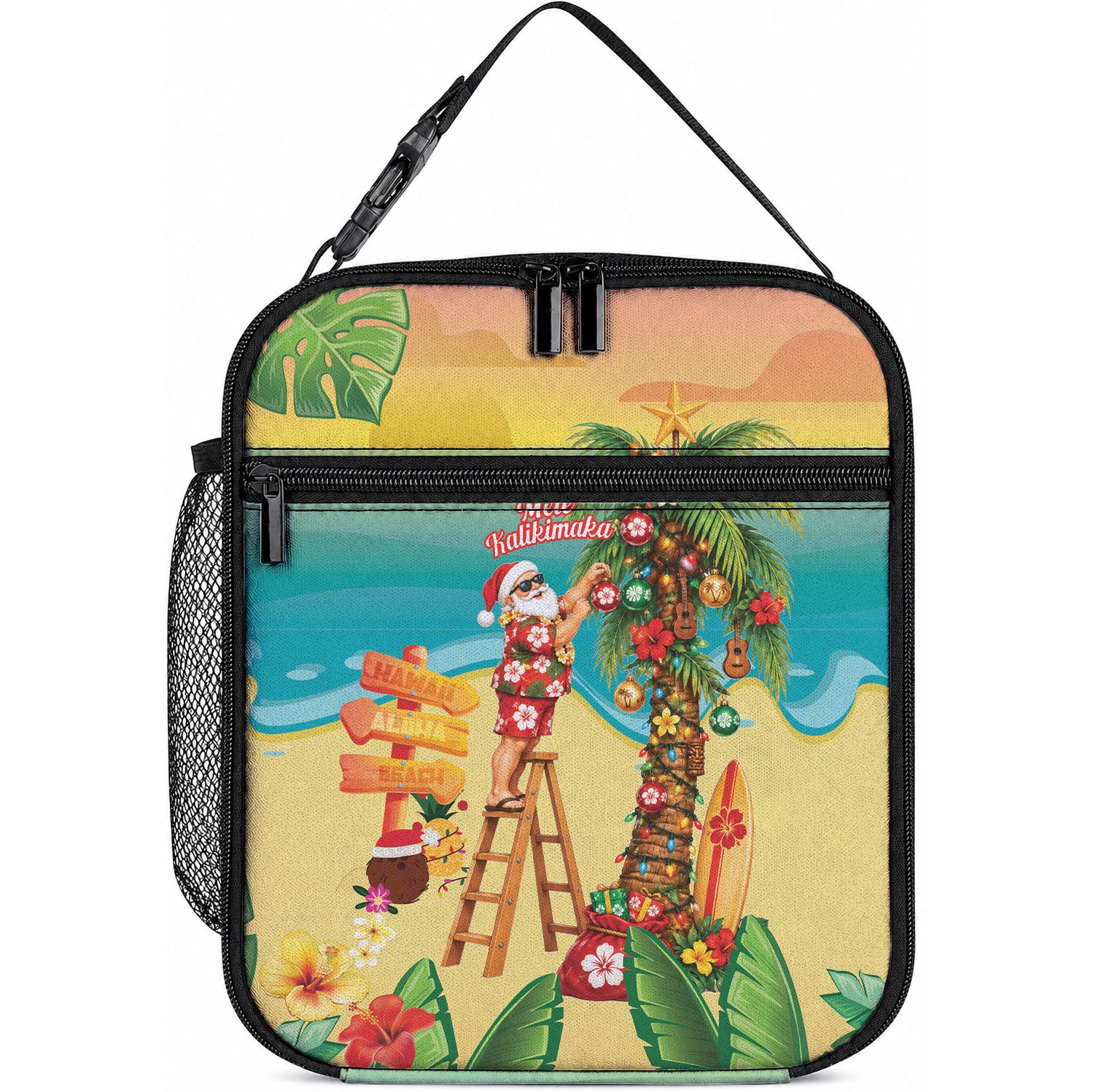 Hawaii Christmas Mele Kalikimaka Lunch Bag Santa Decorating Xmas Palm Tree Tropical Vibes LT14 10.2 × 8.3 × 4.3 inch Multicolor - Polynesian Pride