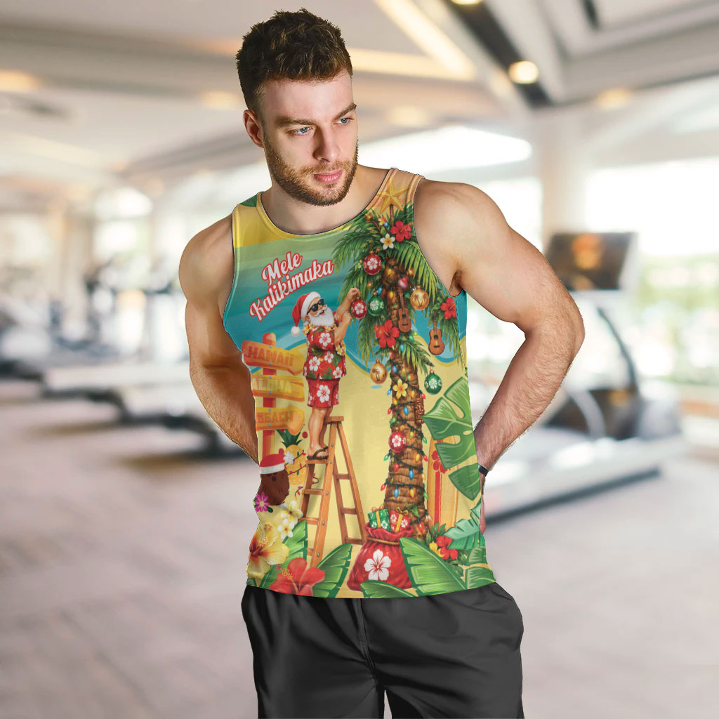 Hawaii Christmas Mele Kalikimaka Men Tank Top Santa Decorating Xmas Palm Tree Tropical Vibes LT14 Multicolor - Polynesian Pride