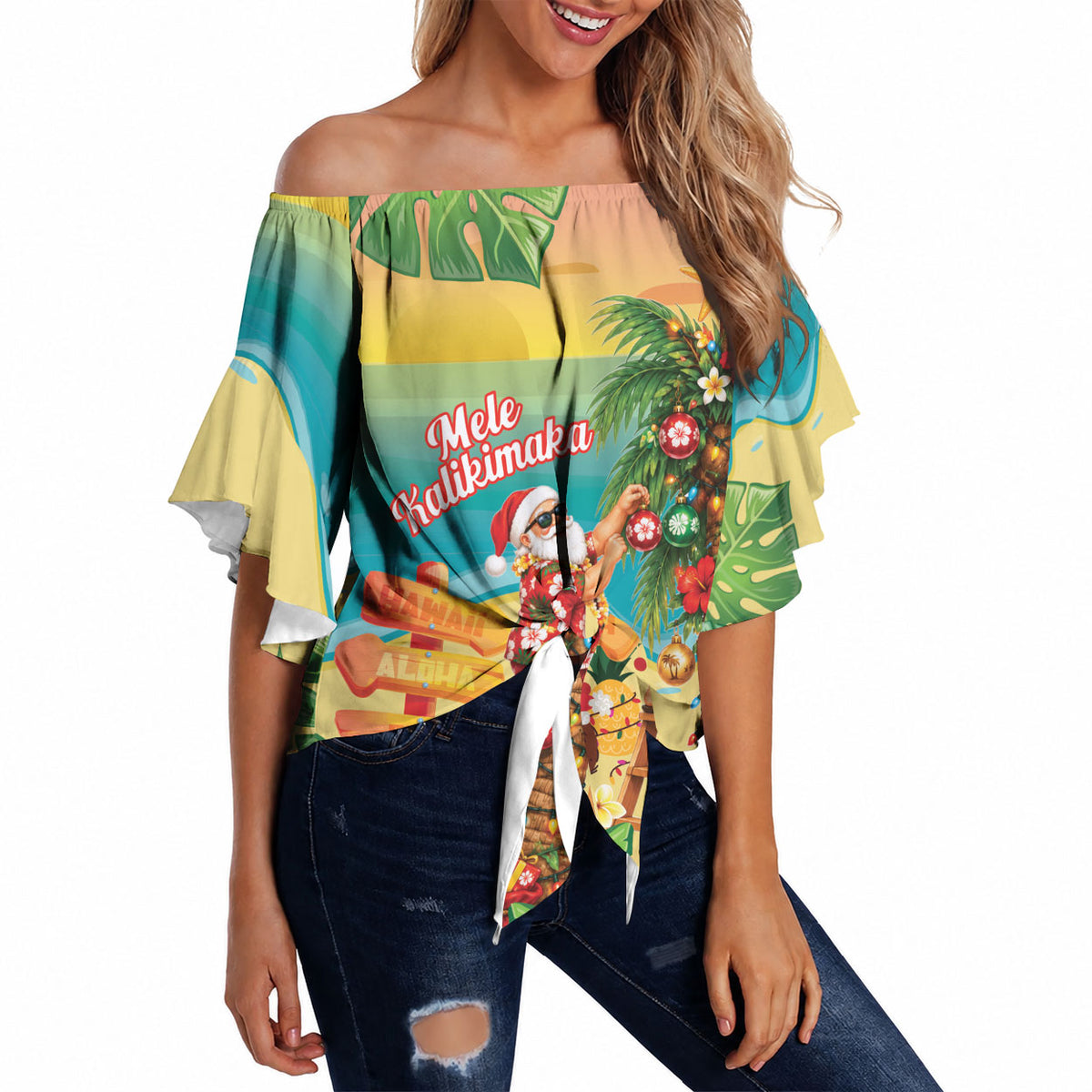 Hawaii Christmas Mele Kalikimaka Off Shoulder Wrap Waist Top Santa Decorating Xmas Palm Tree Tropical Vibes LT14 Multicolor - Polynesian Pride