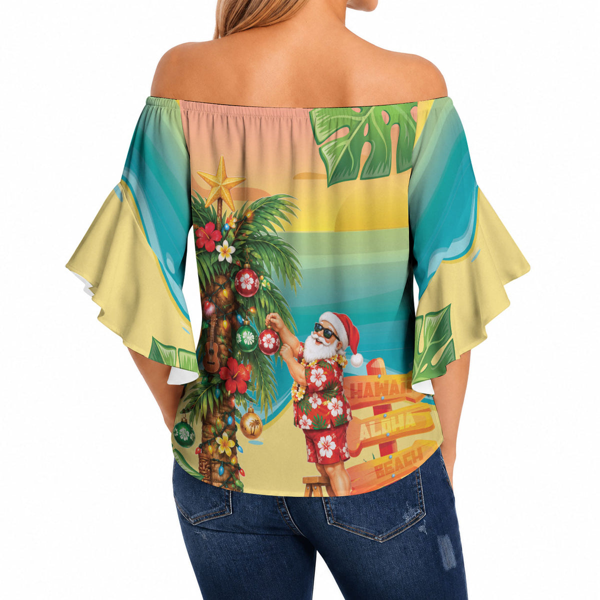 Hawaii Christmas Mele Kalikimaka Off Shoulder Wrap Waist Top Santa Decorating Xmas Palm Tree Tropical Vibes LT14 - Polynesian Pride