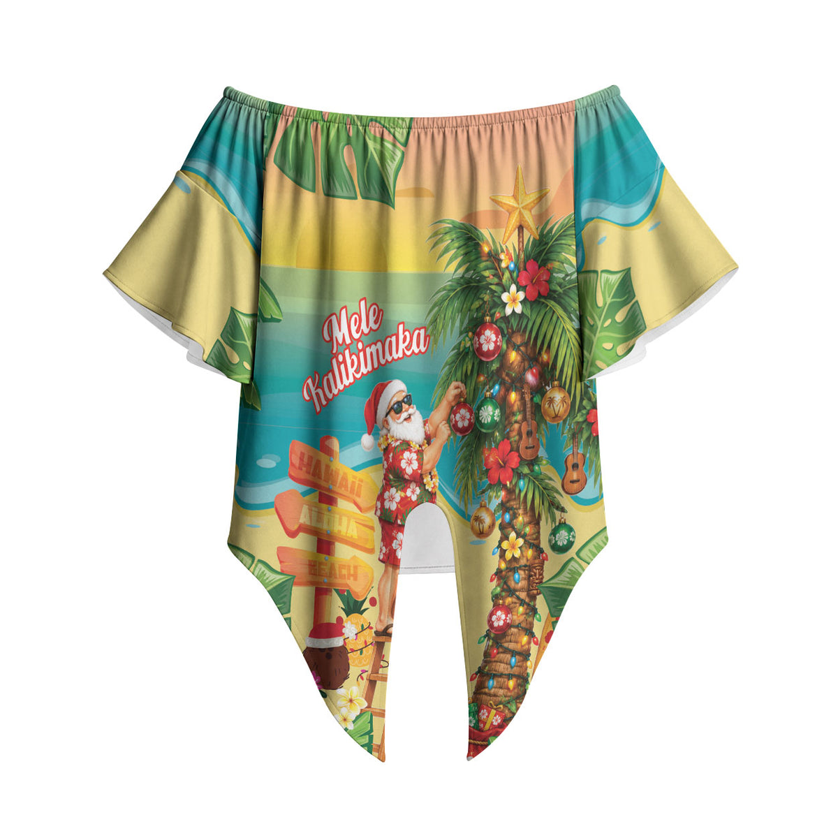 Hawaii Christmas Mele Kalikimaka Off Shoulder Wrap Waist Top Santa Decorating Xmas Palm Tree Tropical Vibes LT14 - Polynesian Pride