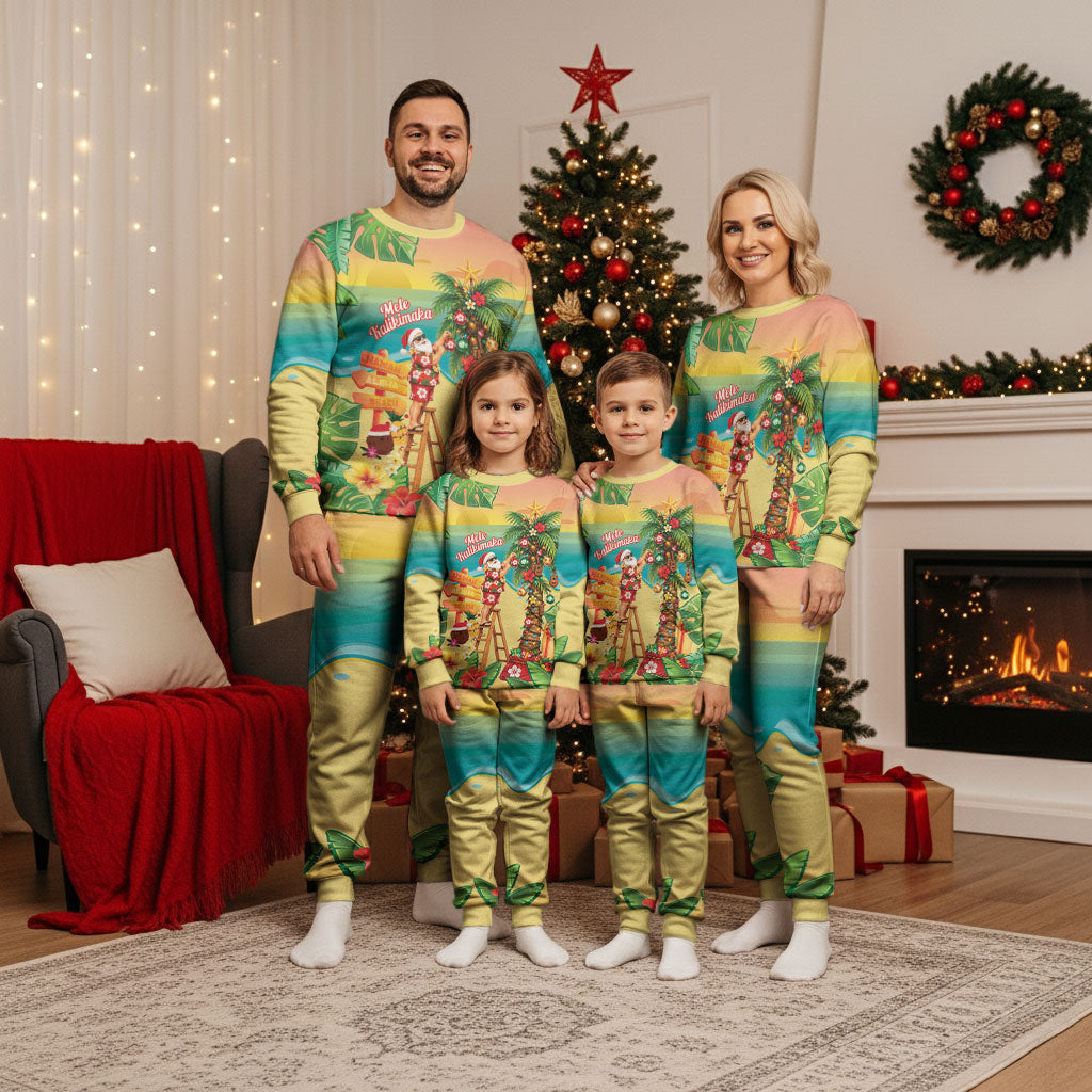 Hawaii Christmas Mele Kalikimaka Christmas Pajama Set Santa Decorating Xmas Palm Tree Tropical Vibes LT14 - Polynesian Pride