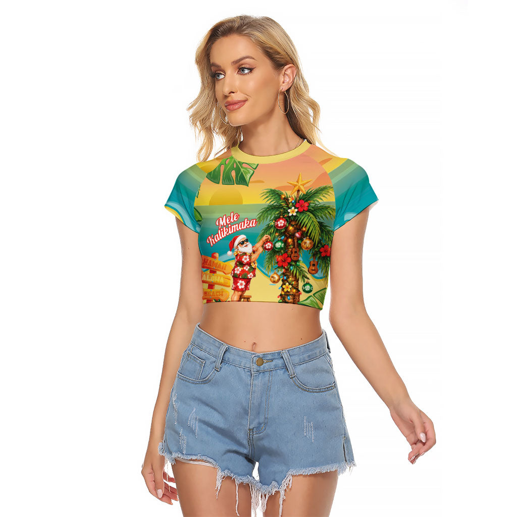 Hawaii Christmas Mele Kalikimaka Raglan Cropped T Shirt Santa Decorating Xmas Palm Tree Tropical Vibes LT14 Female Multicolor - Polynesian Pride