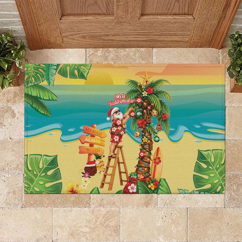 Hawaii Christmas Mele Kalikimaka Rubber Doormat Santa Decorating Xmas Palm Tree Tropical Vibes LT14 Multicolor - Polynesian Pride