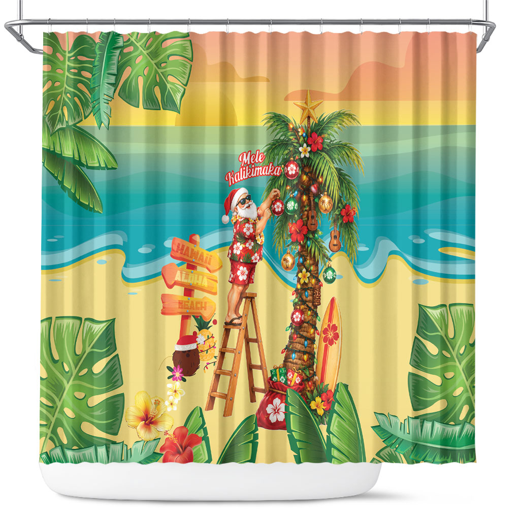 Hawaii Christmas Mele Kalikimaka Shower Curtain Santa Decorating Xmas Palm Tree Tropical Vibes LT14 Multicolor - Polynesian Pride
