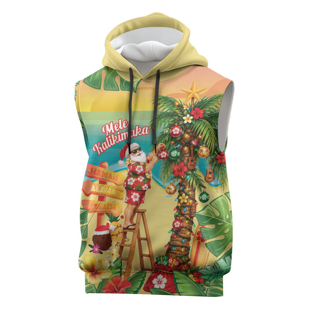 Hawaii Christmas Mele Kalikimaka Sleeveless Hoodie Santa Decorating Xmas Palm Tree Tropical Vibes LT14 Multicolor - Polynesian Pride
