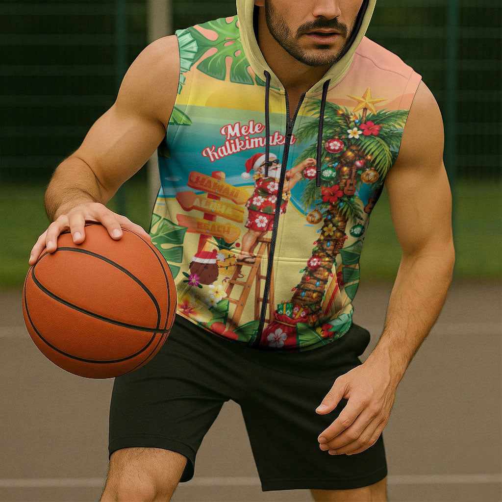 Hawaii Christmas Mele Kalikimaka Sleeveless Zip Hoodie Santa Decorating Xmas Palm Tree Tropical Vibes LT14 - Polynesian Pride