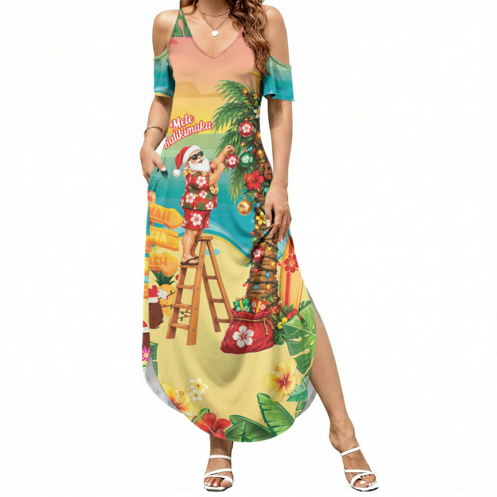 Hawaii Christmas Mele Kalikimaka Summer Maxi Dress Santa Decorating Xmas Palm Tree Tropical Vibes LT14 Women Multicolor - Polynesian Pride