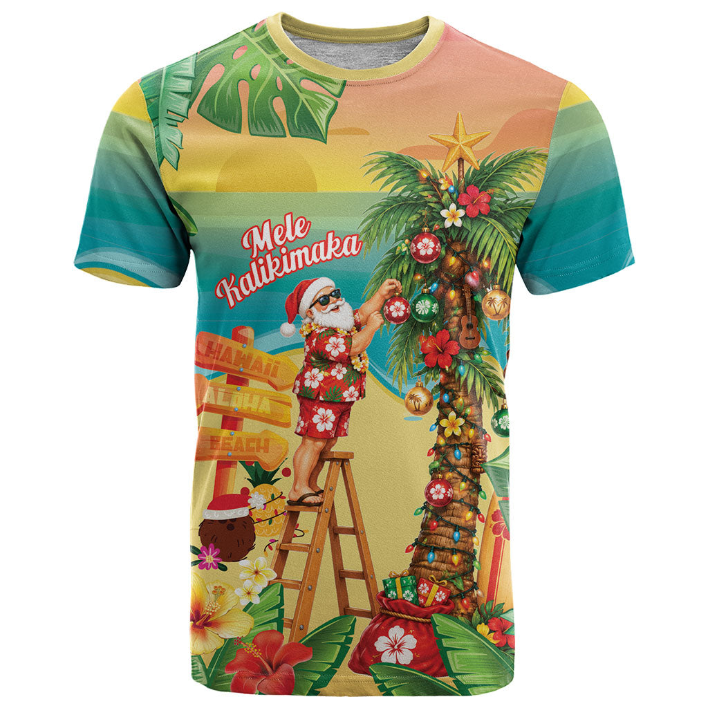 Hawaii Christmas Mele Kalikimaka T Shirt Santa Decorating Xmas Palm Tree Tropical Vibes LT14 Multicolor - Polynesian Pride