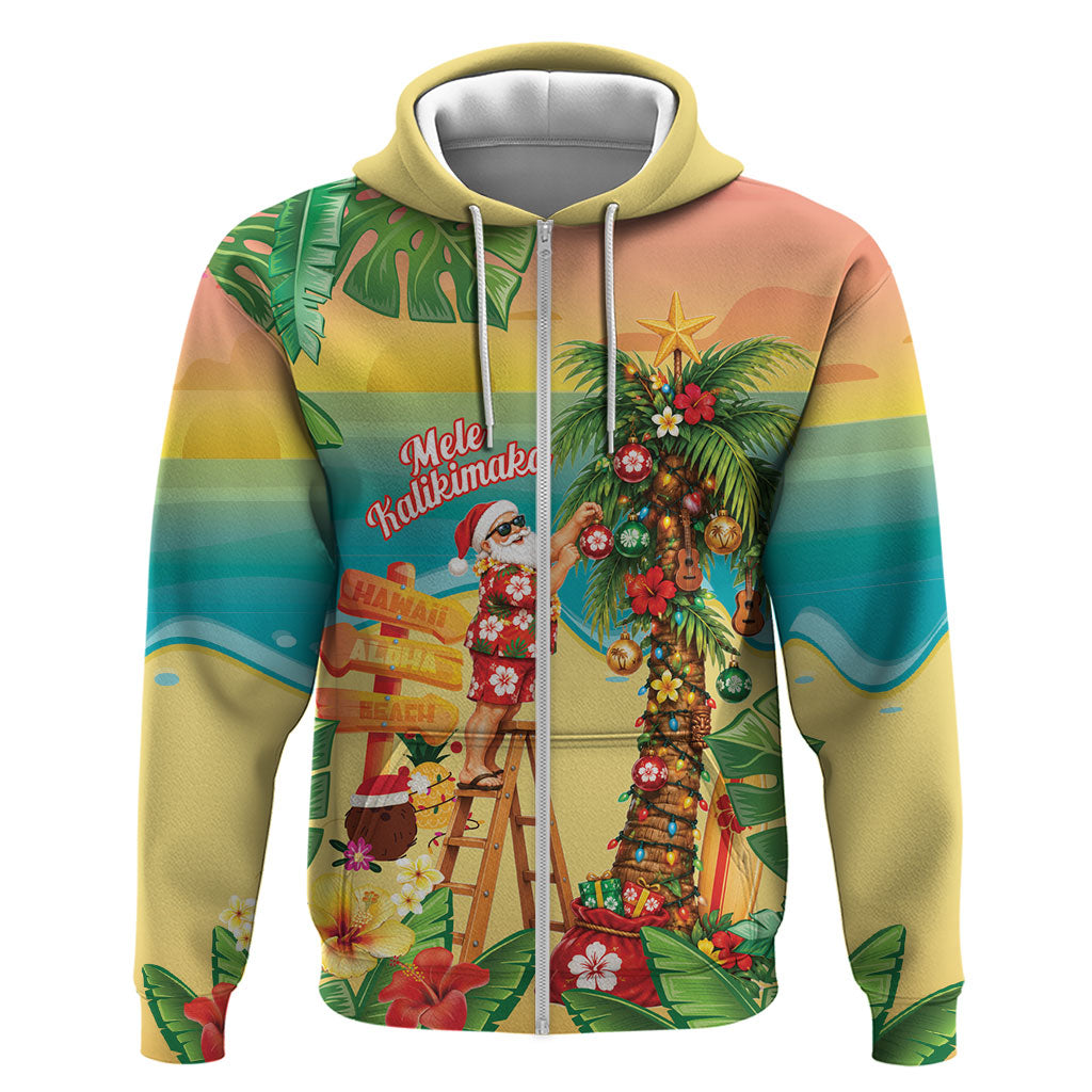 Hawaii Christmas Mele Kalikimaka Zip Hoodie Santa Decorating Xmas Palm Tree Tropical Vibes LT14 Zip Hoodie Multicolor - Polynesian Pride