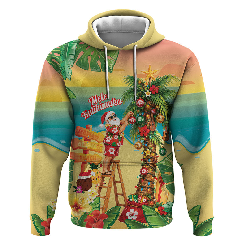Hawaii Christmas Mele Kalikimaka Zip Hoodie Santa Decorating Xmas Palm Tree Tropical Vibes LT14 Pullover Hoodie Multicolor - Polynesian Pride