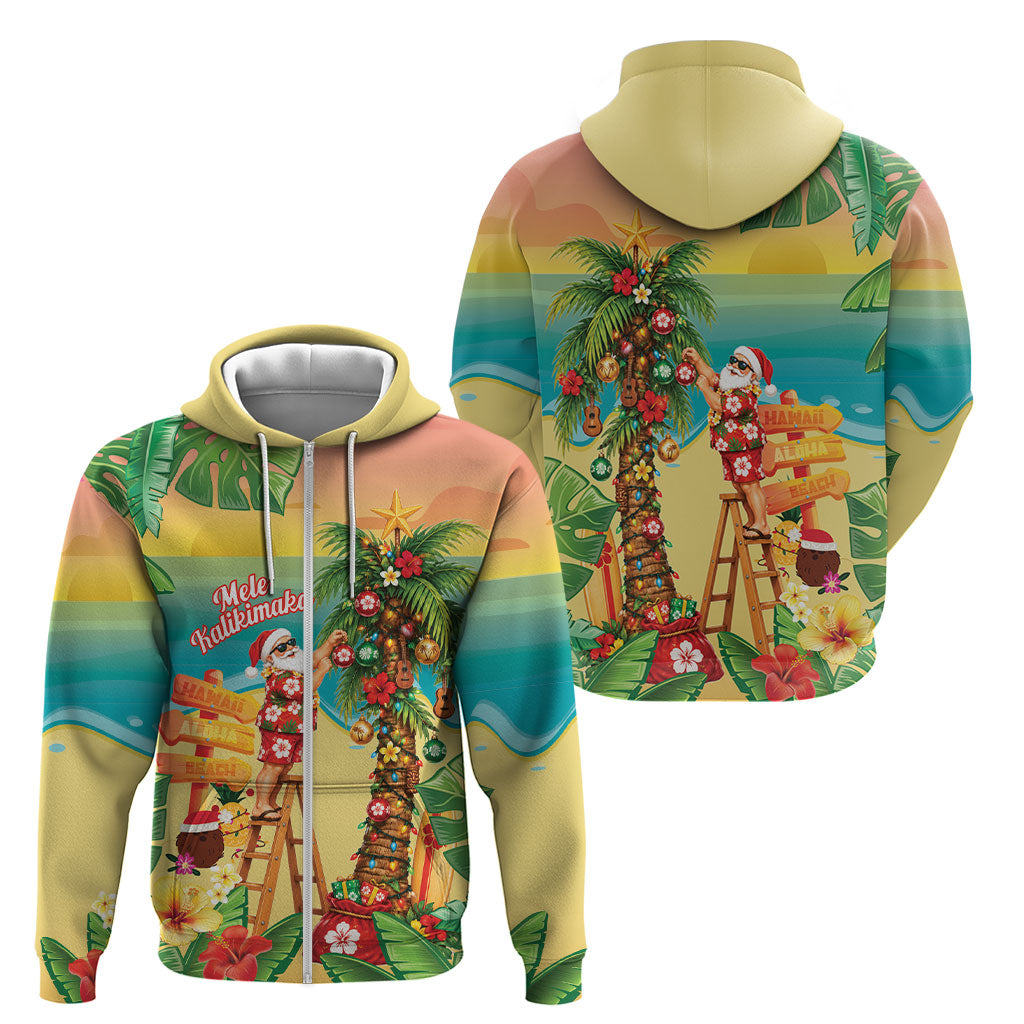 Hawaii Christmas Mele Kalikimaka Zip Hoodie Santa Decorating Xmas Palm Tree Tropical Vibes LT14 - Polynesian Pride