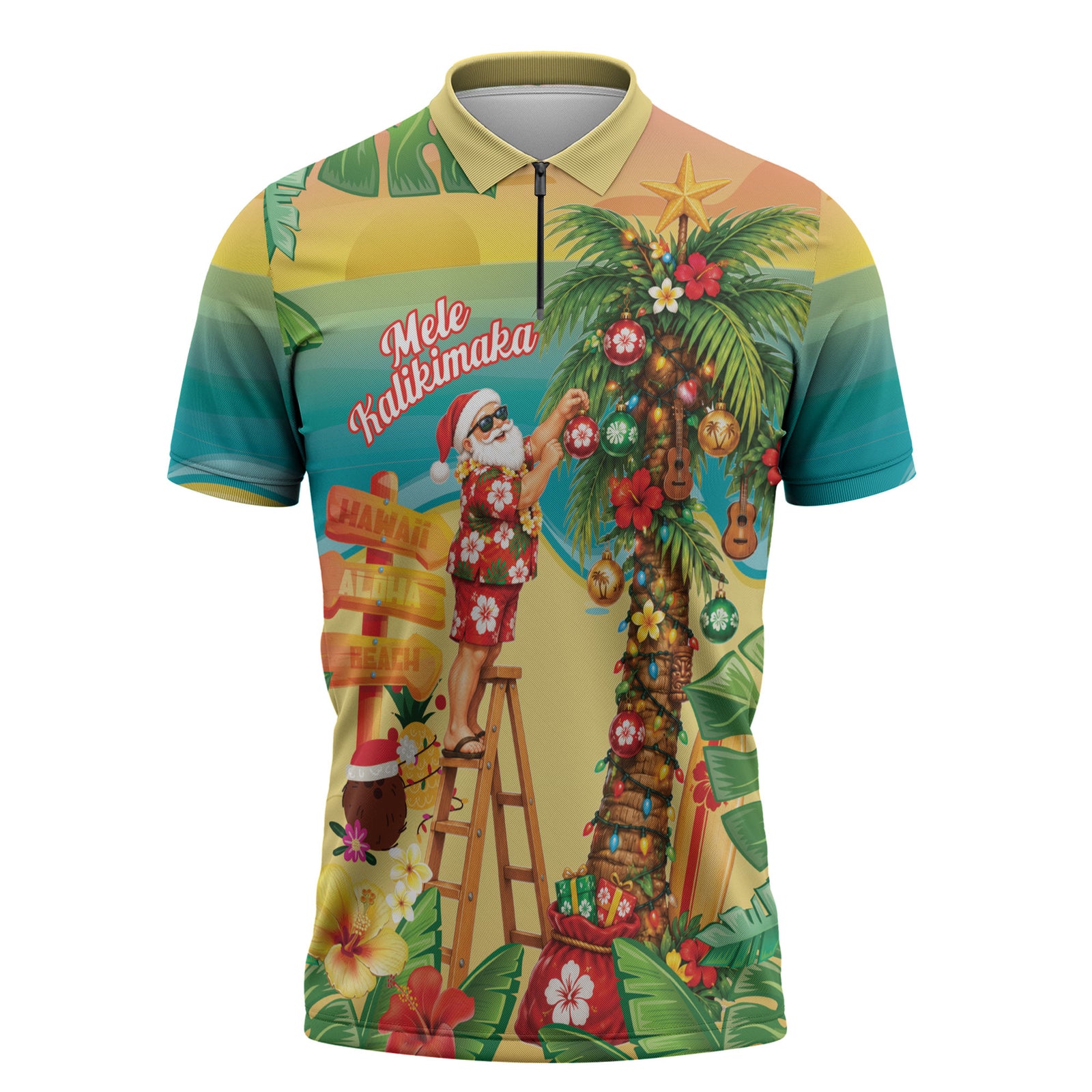 Hawaii Christmas Mele Kalikimaka Zipper Polo Shirt Santa Decorating Xmas Palm Tree Tropical Vibes LT14 Multicolor - Polynesian Pride