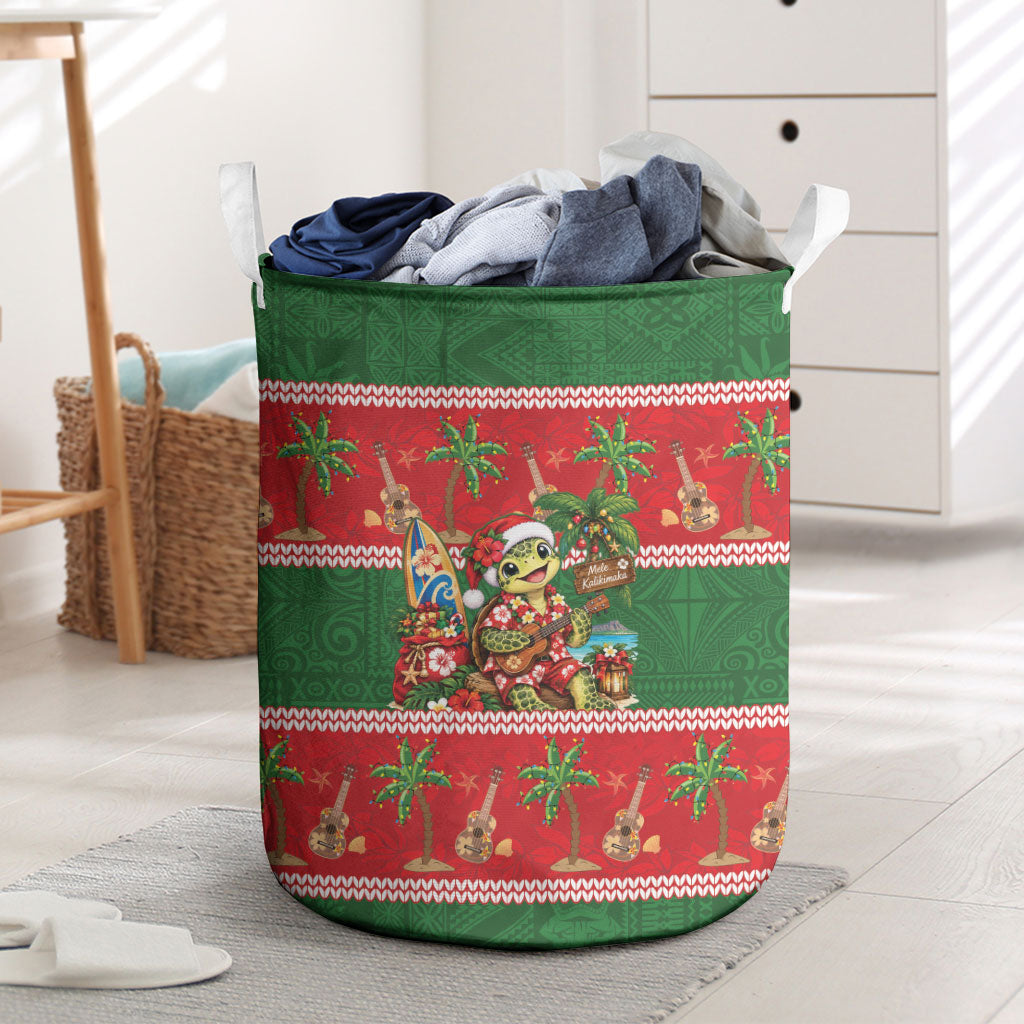Hawaii Christmas Mele Kalikimaka Laundry Basket Aloha Turtle Santa With Ukulele LT14 Red - Polynesian Pride