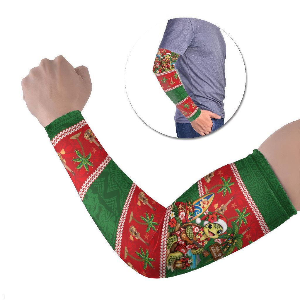 Hawaii Christmas Mele Kalikimaka Arm Sleeves Aloha Turtle Santa With Ukulele LT14 Set of 2 Red - Polynesian Pride