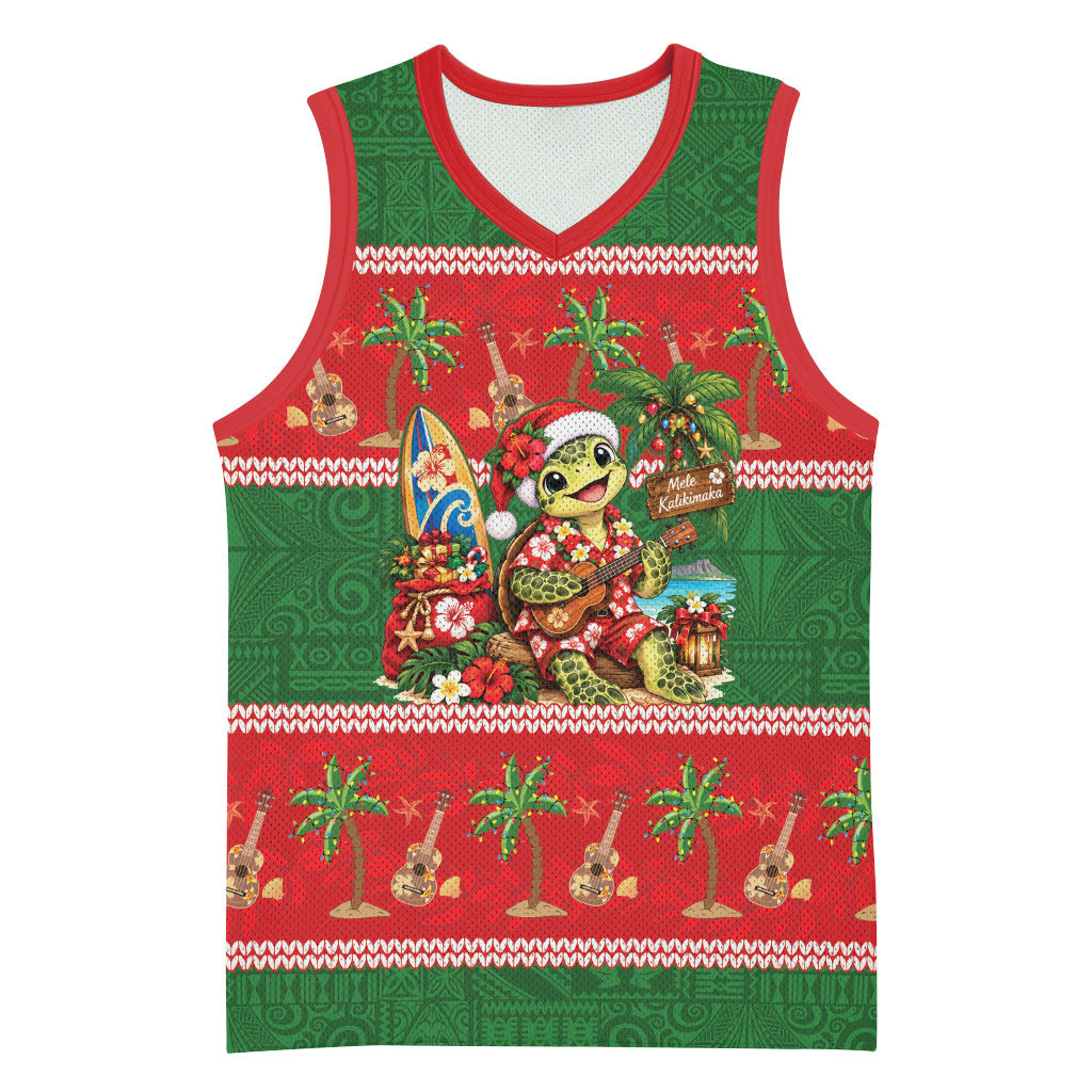 Hawaii Christmas Mele Kalikimaka Basketball Jersey Aloha Turtle Santa With Ukulele LT14 Unisex Red - Polynesian Pride