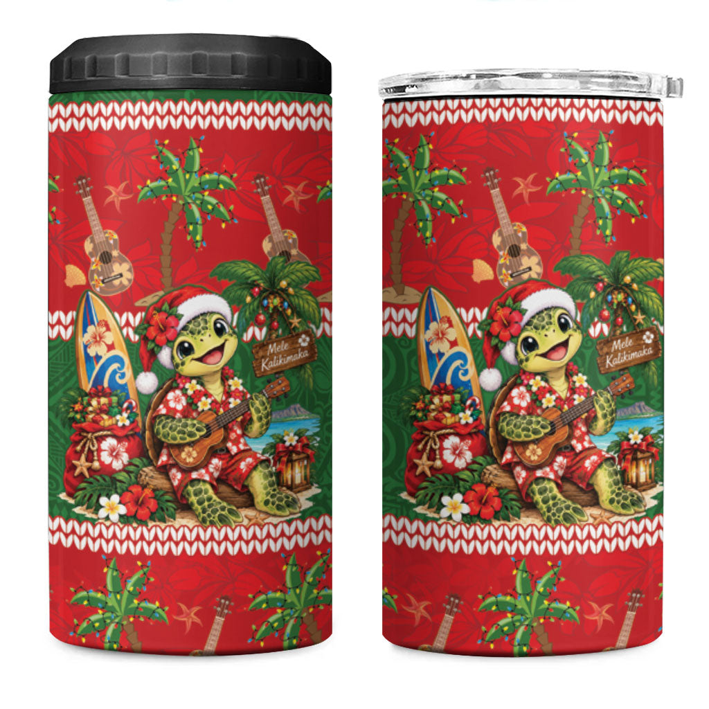 Hawaii Christmas Mele Kalikimaka 4 in 1 Can Cooler Tumbler Aloha Turtle Santa With Ukulele LT14 One Size: 16 oz Red - Polynesian Pride