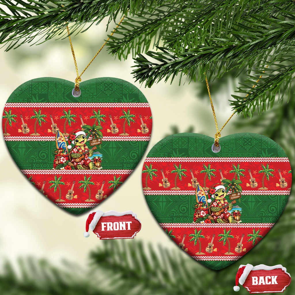 Hawaii Christmas Mele Kalikimaka Ceramic Ornament Aloha Turtle Santa With Ukulele LT14 Heart Red - Polynesian Pride