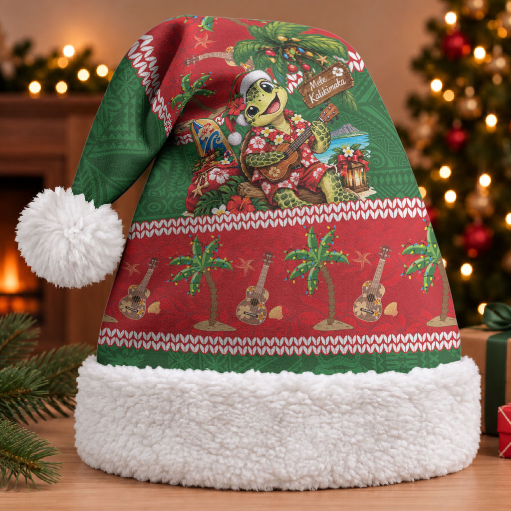 Hawaii Christmas Mele Kalikimaka Christmas Santa Hat Aloha Turtle Santa With Ukulele LT14 With Fur Red - Polynesian Pride