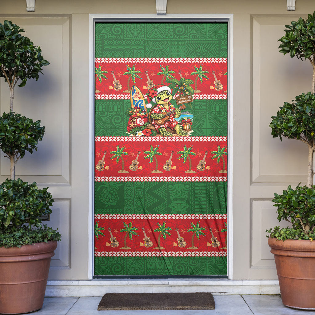 Hawaii Christmas Mele Kalikimaka Door Cover Aloha Turtle Santa With Ukulele LT14 Red - Polynesian Pride