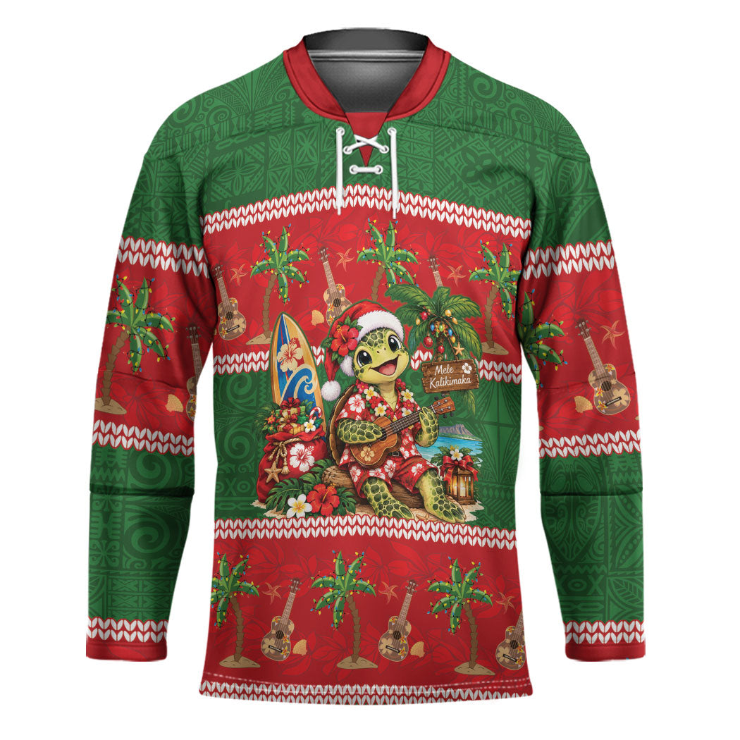 Hawaii Christmas Mele Kalikimaka Hockey Jersey Aloha Turtle Santa With Ukulele LT14 Unisex Red - Polynesian Pride