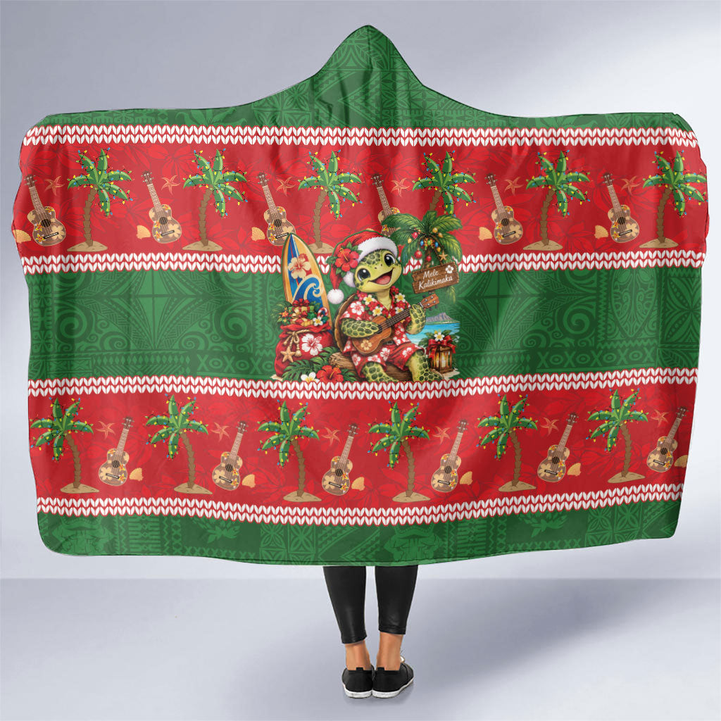 Hawaii Christmas Mele Kalikimaka Hooded Blanket Aloha Turtle Santa With Ukulele LT14 One Size Red - Polynesian Pride