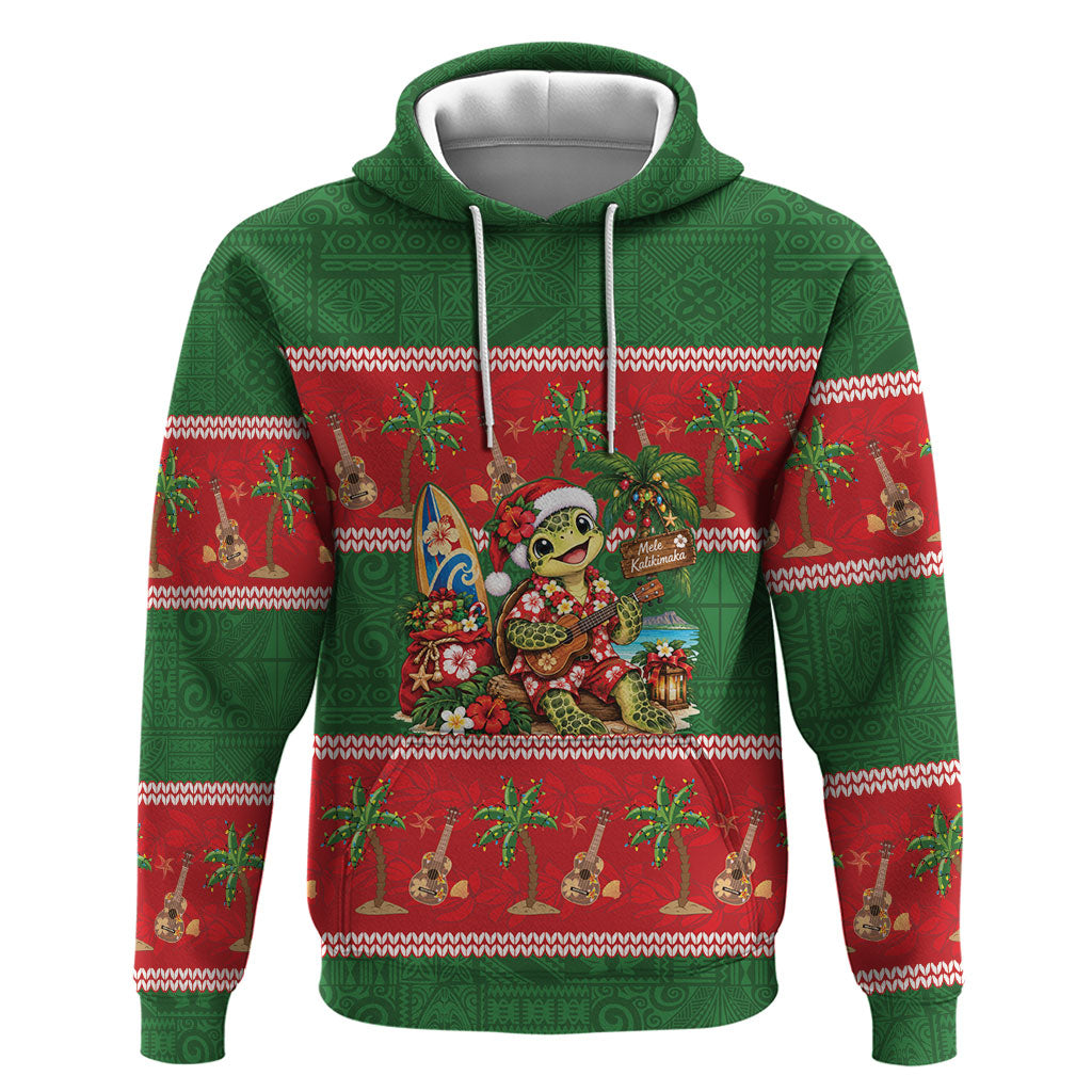 Hawaii Christmas Mele Kalikimaka Hoodie Aloha Turtle Santa With Ukulele LT14 Pullover Hoodie Red - Polynesian Pride
