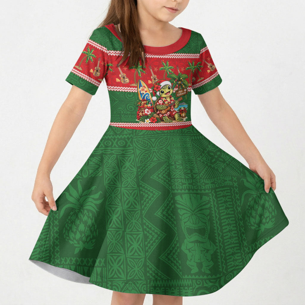 Hawaii Christmas Mele Kalikimaka Kid Short Sleeve Dress Aloha Turtle Santa With Ukulele LT14 KID Red - Polynesian Pride