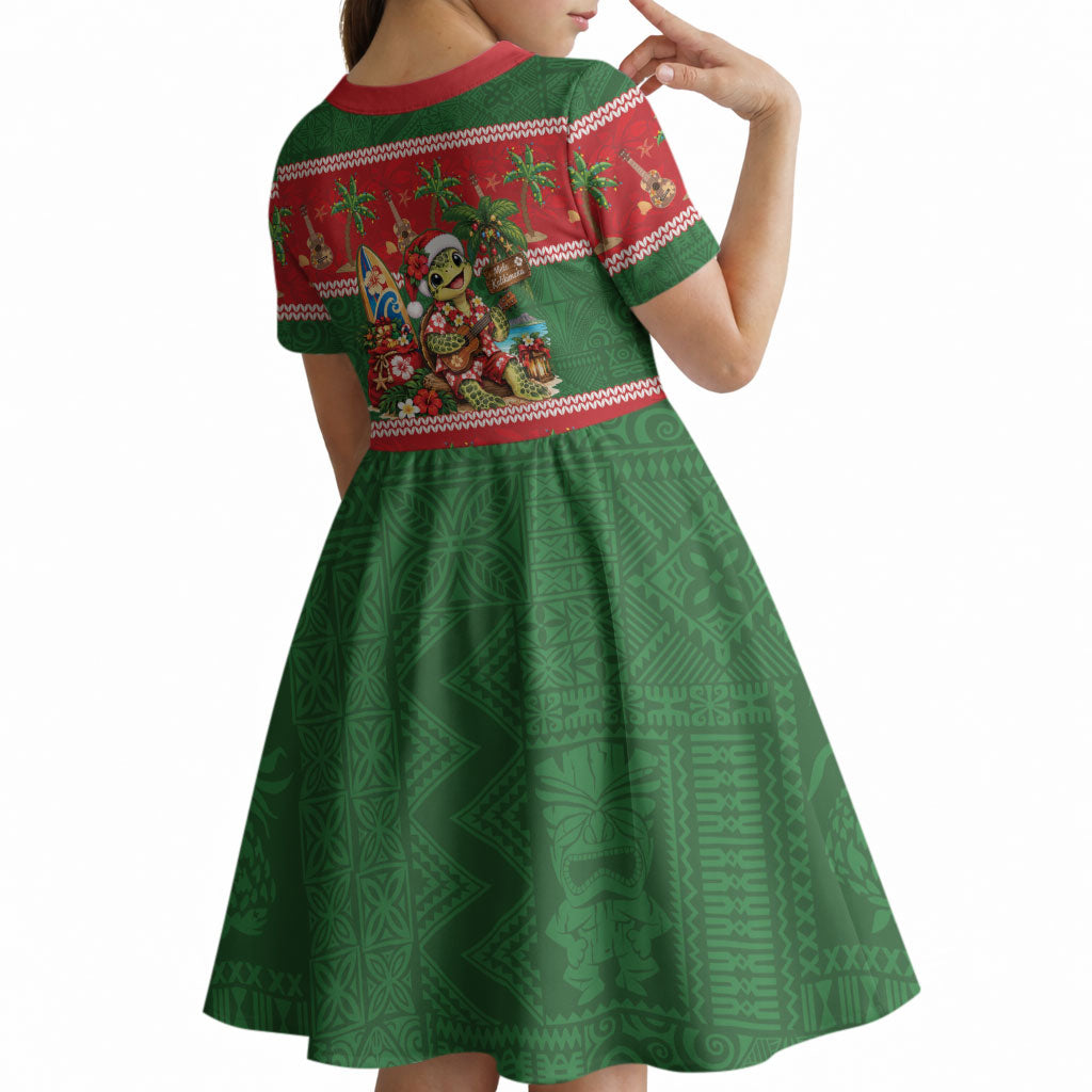 Hawaii Christmas Mele Kalikimaka Kid Short Sleeve Dress Aloha Turtle Santa With Ukulele LT14 - Polynesian Pride
