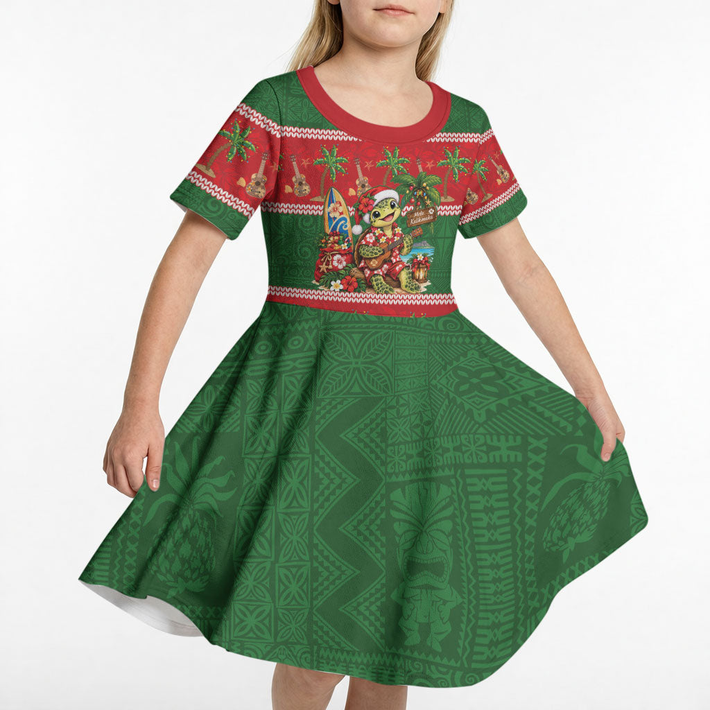 Hawaii Christmas Mele Kalikimaka Kid Short Sleeve Dress Aloha Turtle Santa With Ukulele LT14 - Polynesian Pride