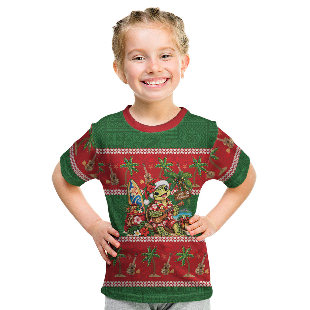 Hawaii Christmas Mele Kalikimaka Kid T Shirt Aloha Turtle Santa With Ukulele LT14 Red - Polynesian Pride