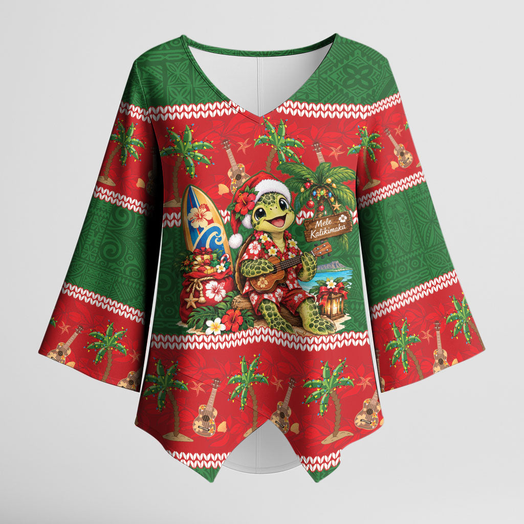 Hawaii Christmas Mele Kalikimaka Kimono Sleeve Blouse Aloha Turtle Santa With Ukulele LT14 Female Red - Polynesian Pride