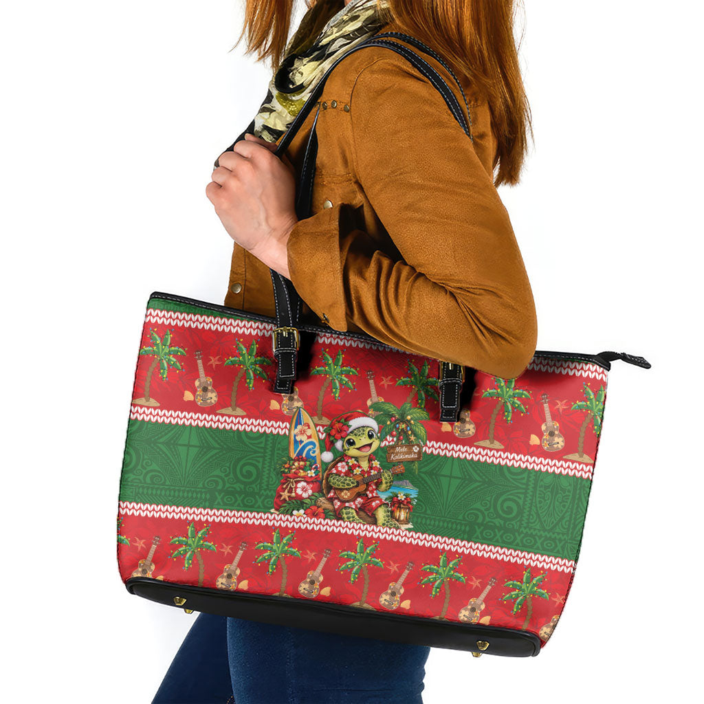 Hawaii Christmas Mele Kalikimaka Leather Tote Bag Aloha Turtle Santa With Ukulele LT14 Red - Polynesian Pride