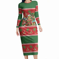 Hawaii Christmas Mele Kalikimaka Long Sleeve Bodycon Dress Aloha Turtle Santa With Ukulele LT14 Long Dress Red - Polynesian Pride