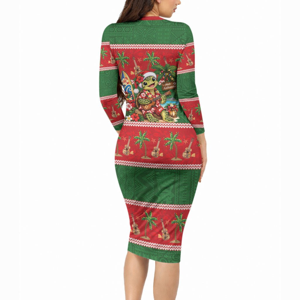 Hawaii Christmas Mele Kalikimaka Long Sleeve Bodycon Dress Aloha Turtle Santa With Ukulele LT14 - Polynesian Pride
