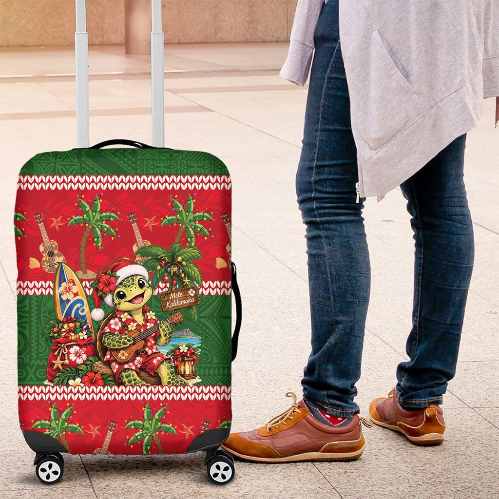 Hawaii Christmas Mele Kalikimaka Luggage Cover Aloha Turtle Santa With Ukulele LT14 Red - Polynesian Pride