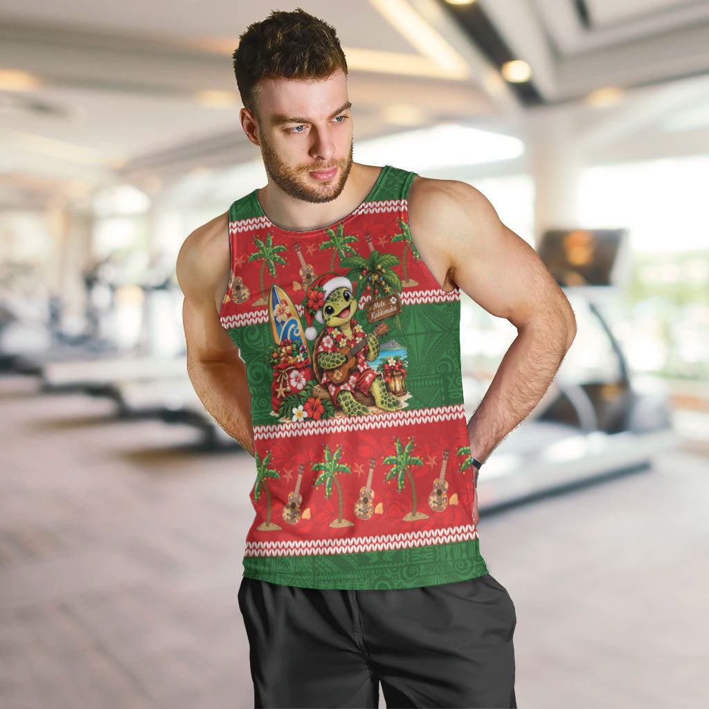 Hawaii Christmas Mele Kalikimaka Men Tank Top Aloha Turtle Santa With Ukulele LT14 Red - Polynesian Pride