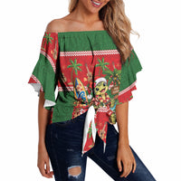 Hawaii Christmas Mele Kalikimaka Off Shoulder Wrap Waist Top Aloha Turtle Santa With Ukulele LT14 Red - Polynesian Pride