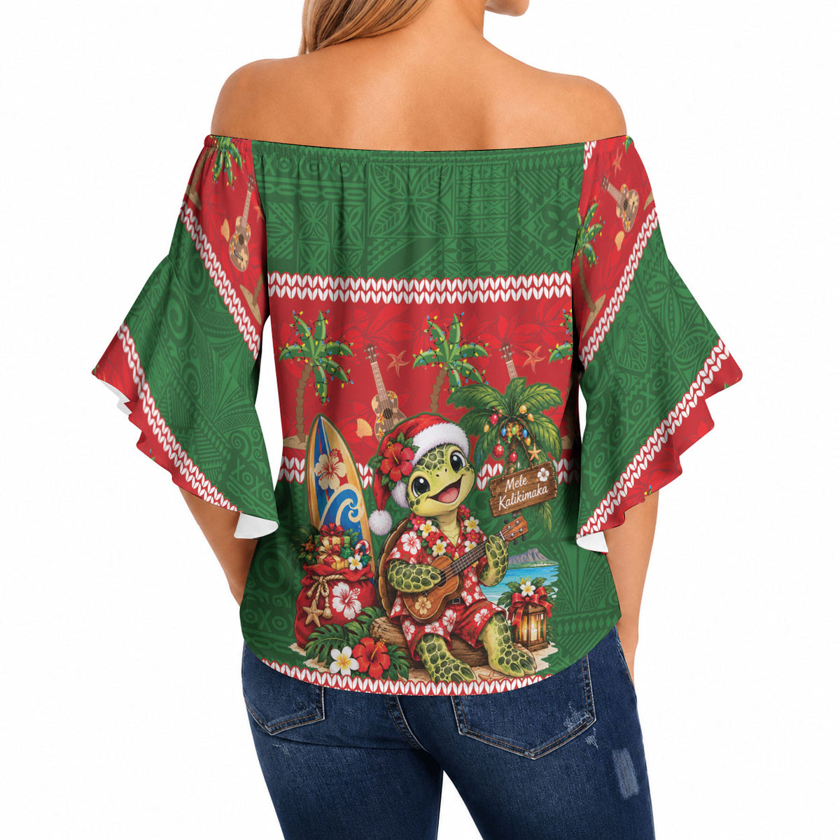 Hawaii Christmas Mele Kalikimaka Off Shoulder Wrap Waist Top Aloha Turtle Santa With Ukulele LT14 - Polynesian Pride