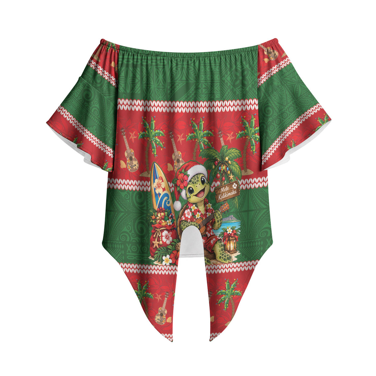 Hawaii Christmas Mele Kalikimaka Off Shoulder Wrap Waist Top Aloha Turtle Santa With Ukulele LT14 - Polynesian Pride