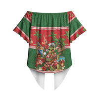 Hawaii Christmas Mele Kalikimaka Off Shoulder Wrap Waist Top Aloha Turtle Santa With Ukulele LT14 - Polynesian Pride