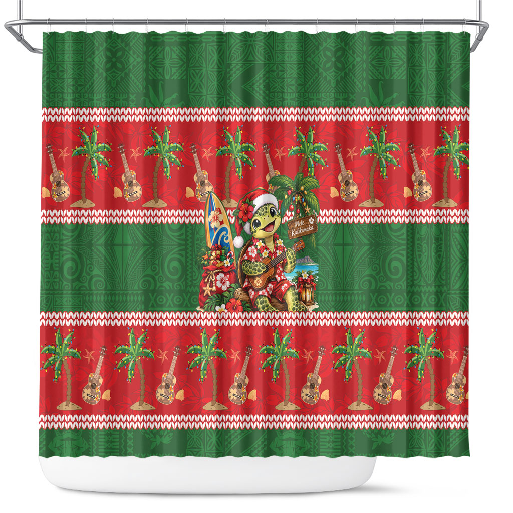 Hawaii Christmas Mele Kalikimaka Shower Curtain Aloha Turtle Santa With Ukulele LT14 Red - Polynesian Pride